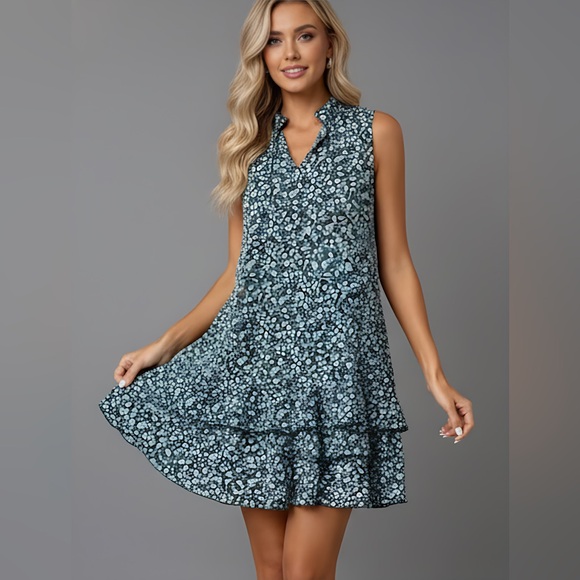 By Design Dresses & Skirts - Green Floral Print Collar And Ruffle Trim Hem Dress
